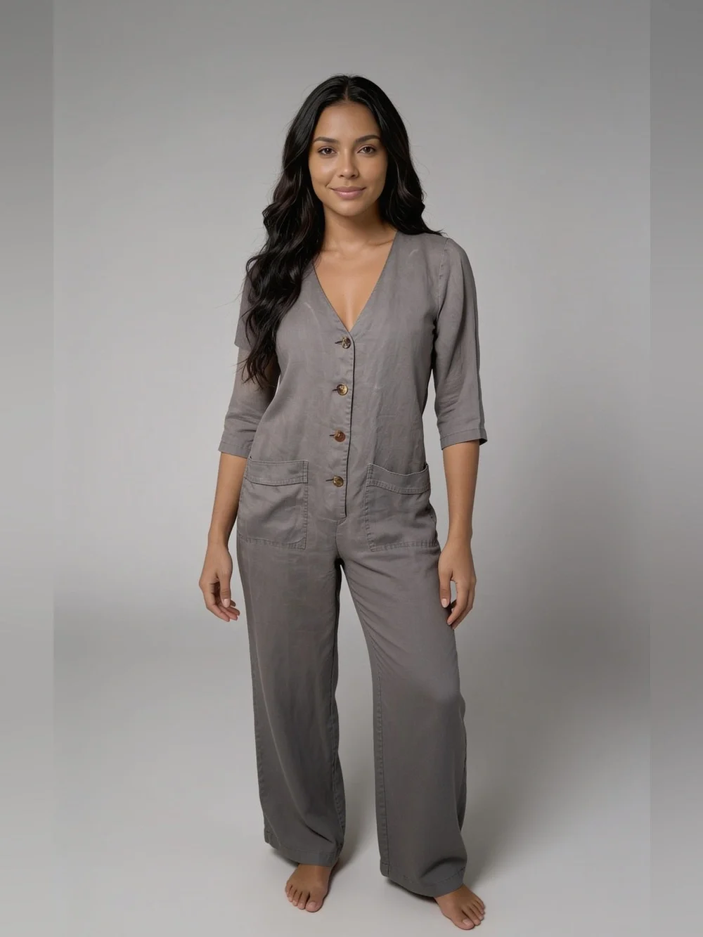 ZARA Light Gray Linen Button Front Jumpsuit